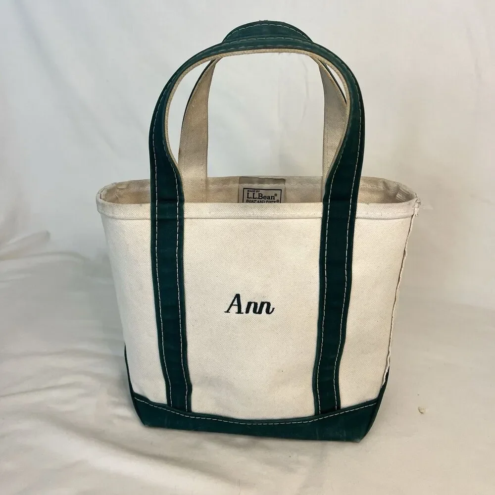 Vintage 90s LL Bean Boat And Tote Small Cream Canvas With Green Handles
